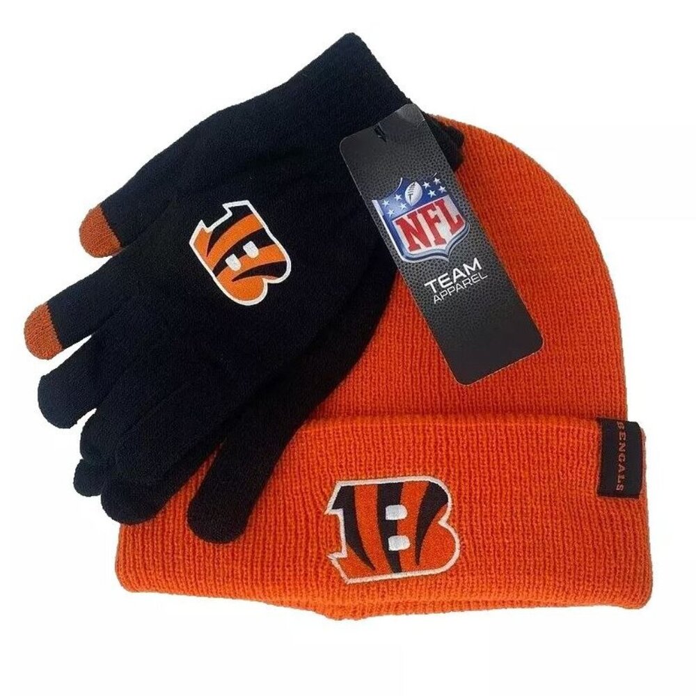 NWT Cincinnati Bengals Beanie Winter Hat Glove Set Orange NFL Football $50